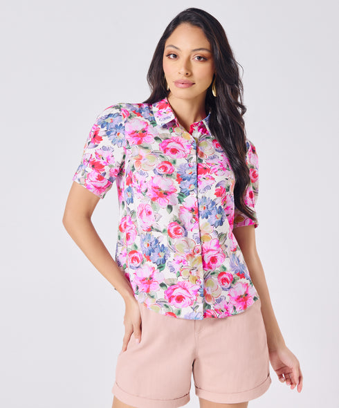 Short Sleeve Classic Collar Pink Printed Top